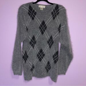 Vintage M Angora Blend Argyle Sweater Gray Eyelash Knit